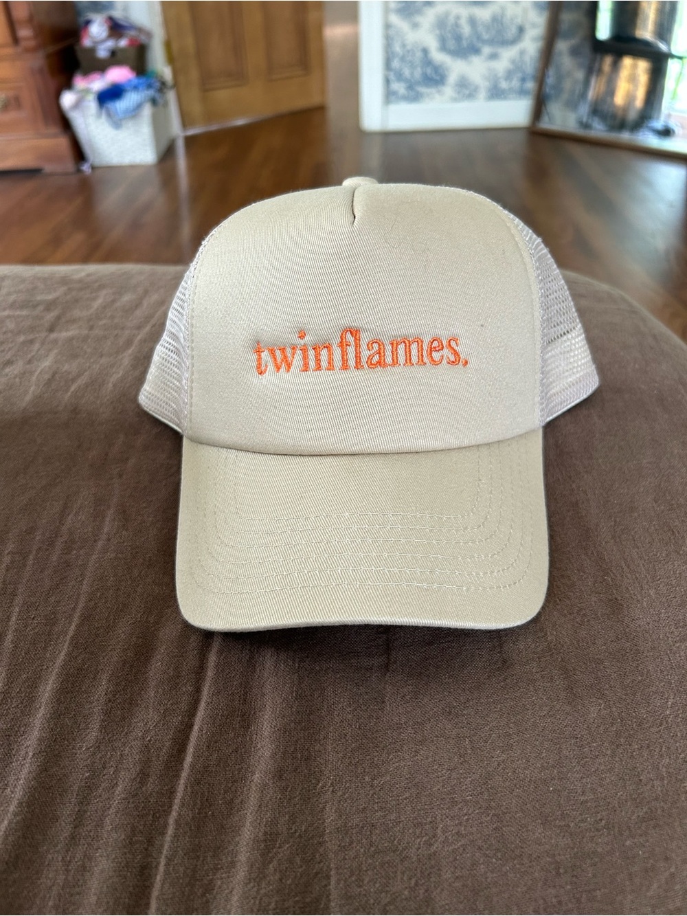 Twinflames Beige Trucker Hat with Orange Logo